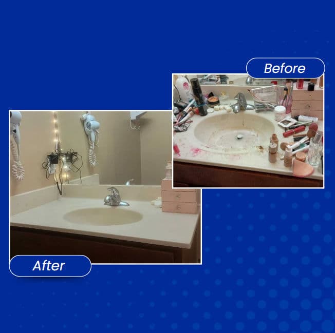 Vanity makeover: organized after vs. cluttered before, showcasing a clean and tidy sink area.