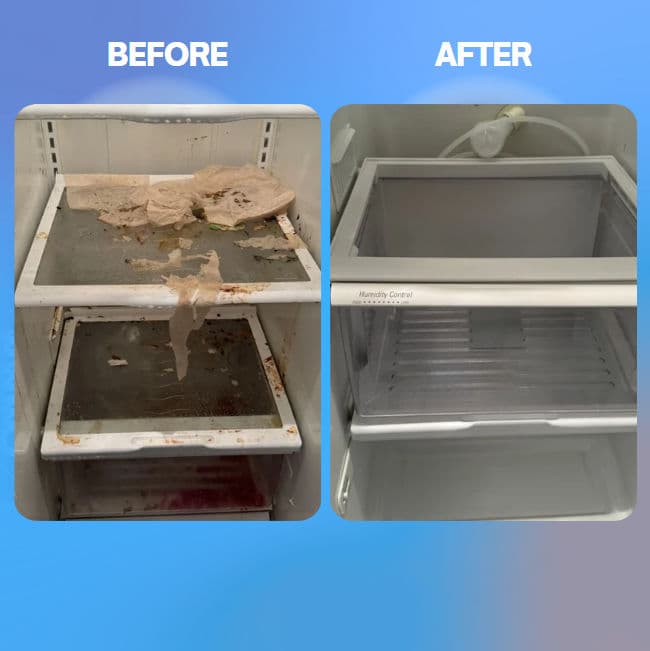 Comparison of a dirty refrigerator interior 'before' and a clean, organized 'after' image.